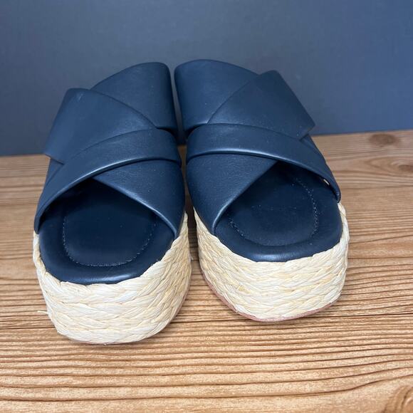 Andre Assous Dark Blue Leather Espadrille Platform Slip On Wedge Sandals 39 EU - Picture 2 of 12